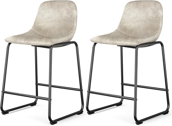 Rfiver Pu Faux Leather Bar Stools Set of 2, Industrial Pub Barstools with Back and Footrest, Modern Armless Bar Height Stool Chairs (Beige, 24" Counter Chair x2)