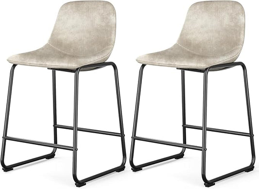 Rfiver Pu Faux Leather Bar Stools Set of 2, Industrial Pub Barstools with Back and Footrest, Modern Armless Bar Height Stool Chairs (Beige, 24" Counter Chair x2)