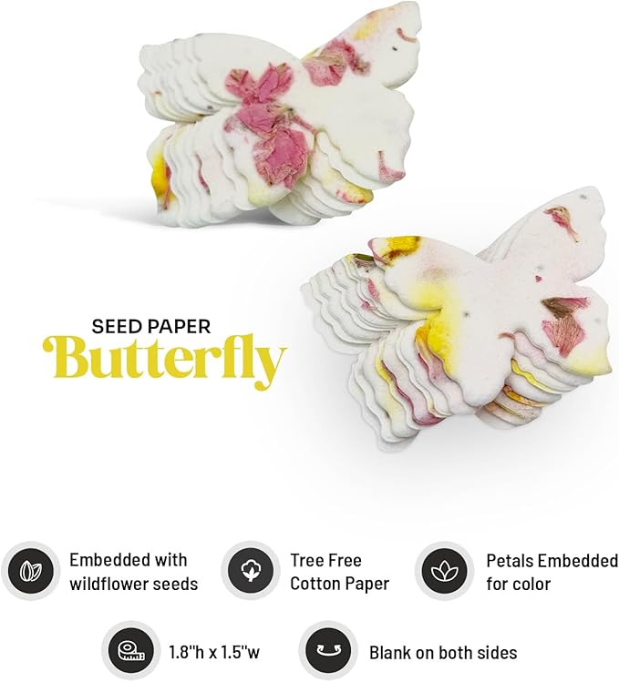 50 pcs Small Seed Paper – Pink and Yellow Plantable Wildflower Butterflies for Bridal Shower, Wedding Gift, Birthday, Mother's Day & Other Milestone Celebrations