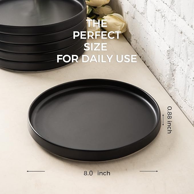 AmorArc Ceramic Plates Set of 6, Matte Glaze 8.0 Inch Dishes Set for Kitchen, Dessert,Salad,Appetizer, Small Dinner Plates, Microwave & Dishwasher Safe, Scratch Resistant, Matte Black