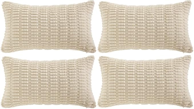 Fancy Homi 4 Packs Boho Cream Decorative Throw Pillow Covers 14x24 Inch for Living Room Couch Bed Sofa, Rustic Modern Farmhouse Home Decor, Soft Plush Corduroy Beige Cute Square Cushion Case 35x60 cm