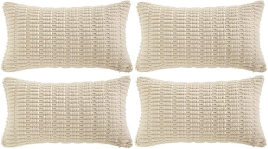 Fancy Homi 4 Packs Boho Cream Decorative Throw Pillow Covers 12x20 Inch for Living Room Couch Bed Sofa, Rustic Modern Farmhouse Home Decor, Soft Plush Corduroy Beige Cute Square Cushion Case 30x50 cm