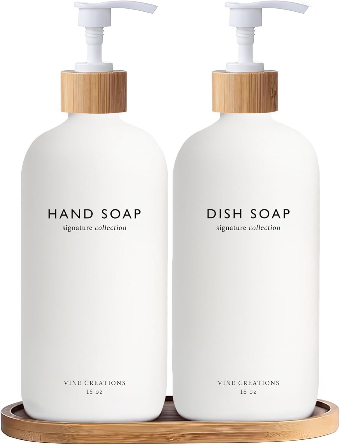 Vine Creations White Glass Soap Dispenser Set, Hand Soap and Dish Soap Dispenser Set with Bamboo Tray, 16 oz Glass Dispensers Bottle for Kitchen and Bathroom Decor Modern Boho with Bamboo Pump (White)