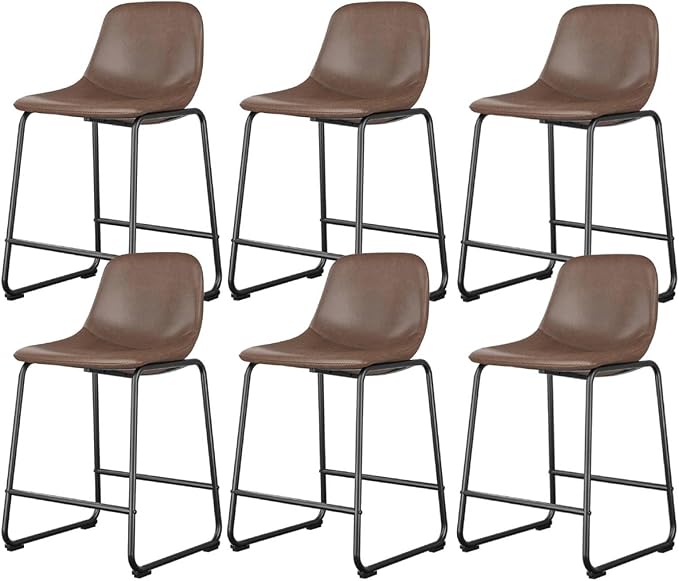 Rfiver Pu Faux Leather Bar Stools Set of 6, Industrial Pub Barstools with Back and Footrest, Modern Armless Bar Height Stool Chairs (Brown, 24" Counter Chair x6)