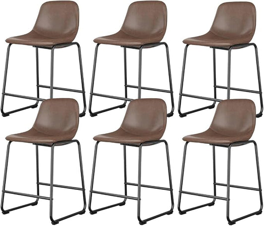 Rfiver Pu Faux Leather Bar Stools Set of 6, Industrial Pub Barstools with Back and Footrest, Modern Armless Bar Height Stool Chairs (Brown, 24" Counter Chair x6)