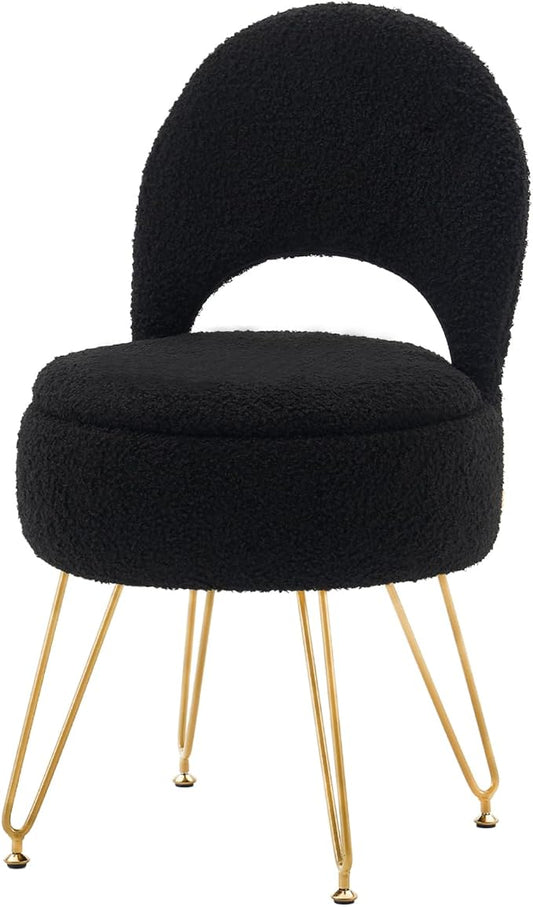 Storage Ottoman Vanity Stool Chair with Folding Back Teddy Velvet Makeup Chair Multifunctional Upholstered Footstool for Bathroom Vanity Bedroom Living Room Entryway