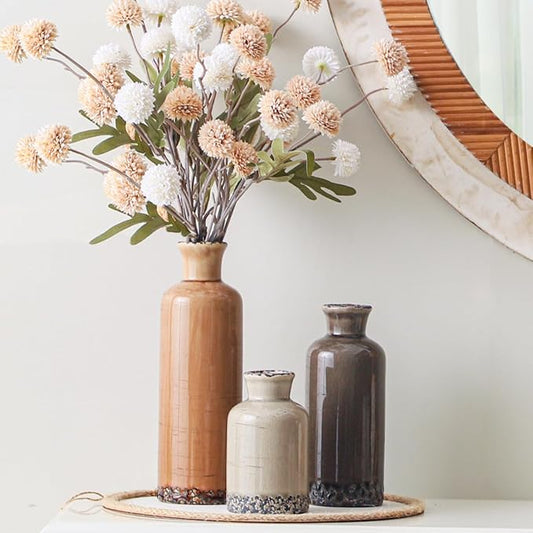 Ceramic Vase Set of 3, Neutral Flower Vases Home Decor, Pottery Rustic Farmhouse Decorative Vases Modern Decor for Table Mantel Entryway Bookshelf Living Room Kitchen Bedroom - Brown