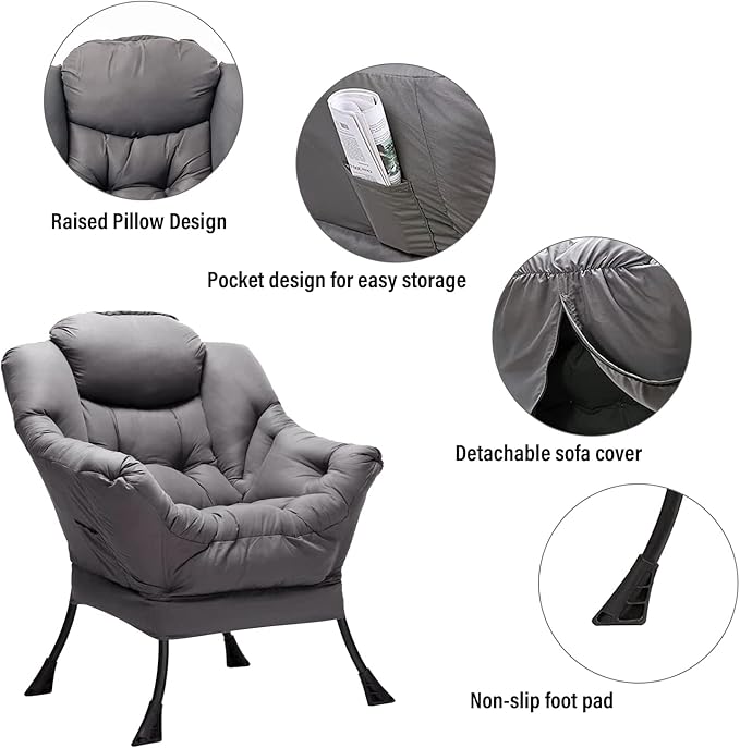 Welnow Lazy Chair with Ottoman, Modern Lounge Accent Chair with Armrests and a Side Pocket, Leisure Sofa Armchair, Reading Armchair with Footrest for Small Space, Dark Grey