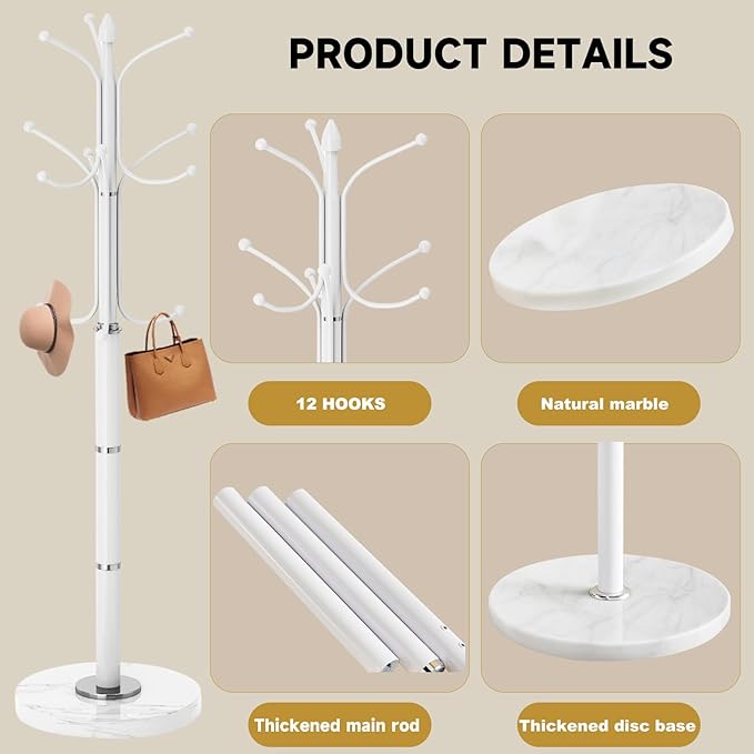 Modern Metal Coat Rack Stand, Coat Rack Freestanding with Natural Marble Base, Sturdy Heavy Duty Coat Racks with 12 Hooks, Coat Hall Tree Stand for Entryway, Office (12 HOOKS-White)