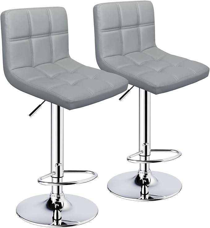 Bar Stools Set of 2,Armless Adjustable Swivel Barstools with Back,6-Squares Double Needle PU Leather Counter Height Bar Stools for Kitchen Island,Light Gray