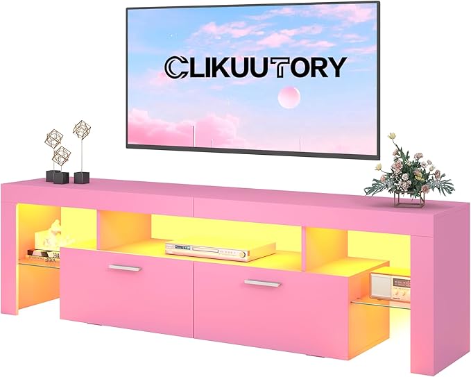 Clikuutory Modern Lighting 63 inch TV Stand with Large Storage Drawer for 50 55 60 65 70 75 Inch TVs, TV Console with 20 Color LED Lights, Entertainment Center Media and Open Shelf for Bedroom, Pink