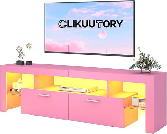 Clikuutory Modern Lighting 63 inch TV Stand with Large Storage Drawer for 50 55 60 65 70 75 Inch TVs, TV Console with 20 Color LED Lights, Entertainment Center Media and Open Shelf for Bedroom, Pink