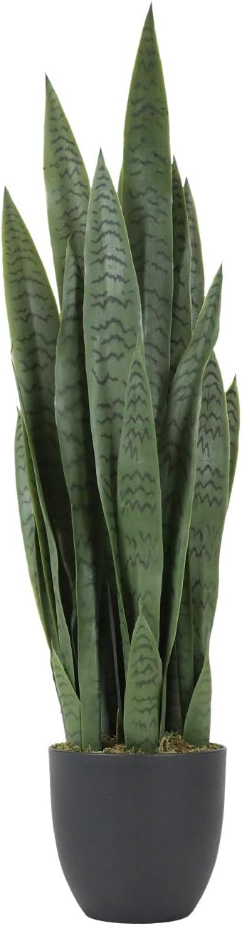 Worth Garden 3ft Artificial Snake Plant Fake Sansevieria Indoor Outdoor, 28 Thick Leaves Lifelike Faux Silk Plant, Home Decor Mother in Law Tongue Plant 35in, with Black pot & Dry Moss Included, Green
