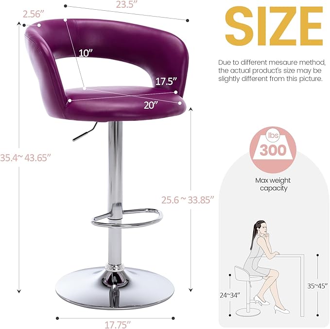 Brage Living Wide Bar Stool, Modern PU Leather Swivel Adjustable Barstool with Hollow Back and Arms, Upholstered Airlift Counter Height Bar Chair for Kitchen Dining (Purple)