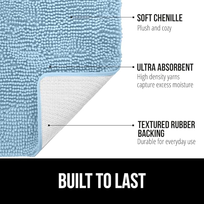 GORILLA GRIP Bath Rug Mat 36x24, Thick Soft Absorbent Chenille, Quick Dry Microfiber Mats, Rubber Backing Washable Shower Floor Rugs, Bathmat Runner, US Designed Bathroom Home Decor Accessories Sky