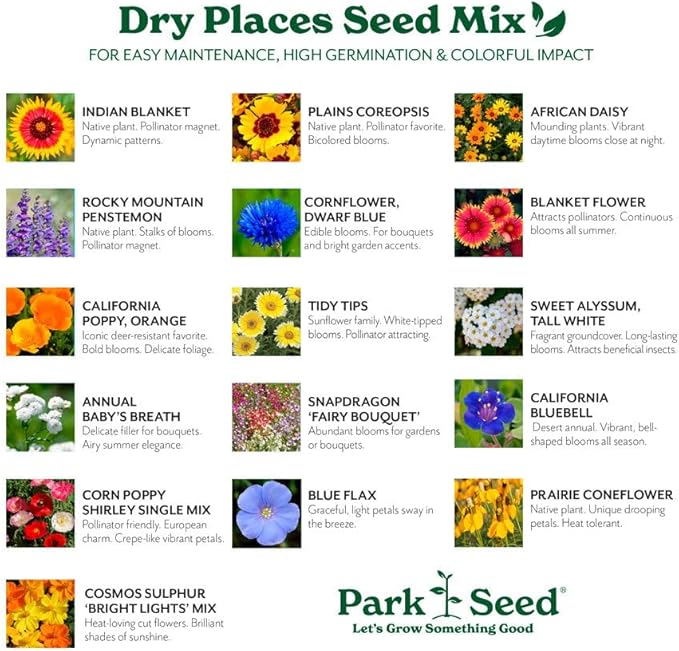Park Seed Grow Your Own Vibrant Annual and Perennial Wildflower Garden Mixture, Easy to Grow Varieties for Pollinators and Spring Gardens - Dry Places Mix, 25 lbs