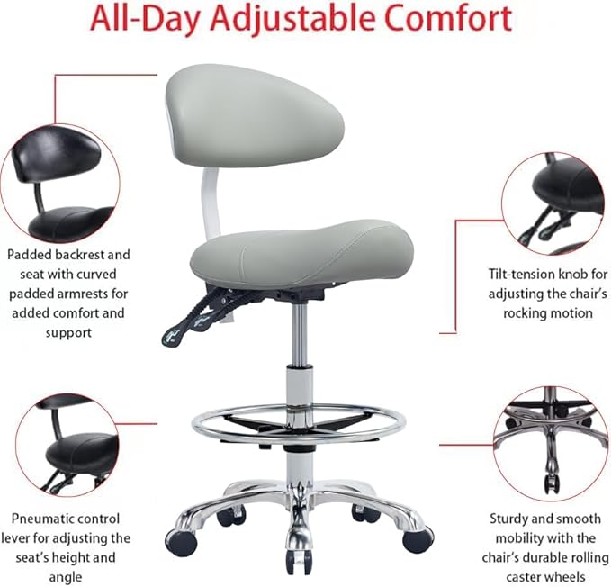 Saddle Stool Chair with Backrest and Foot Ring, Ergonomic Rolling Esthetician Seat for Salon, Tattoo Shop, Spa, Facial lash Home, Dentist Clinic, Esthetician Chair, Grey