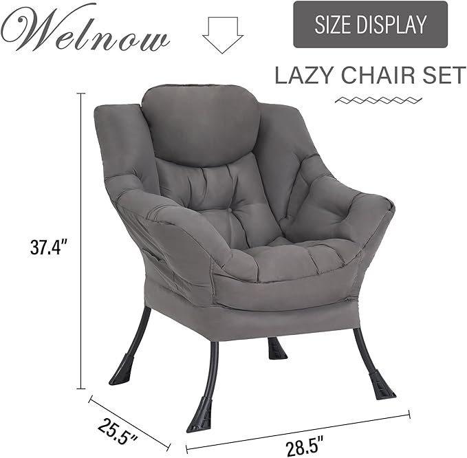 Welnow Lazy Chair for Living Room, Modern Reading Lounge Accent Chair with Armrests and a Side Pocket, Leisure Upholstered Lazy Sofa for Small Space, Bedroom, Dorm, Dark Grey
