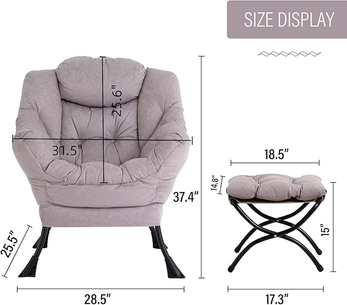 Welnow Lazy Chair with Ottoman, Modern Lounge Accent Chair with Armrests and a Side Pocket, Leisure Sofa Armchair, Reading Armchair with Footrest for Small Space, Light Grey