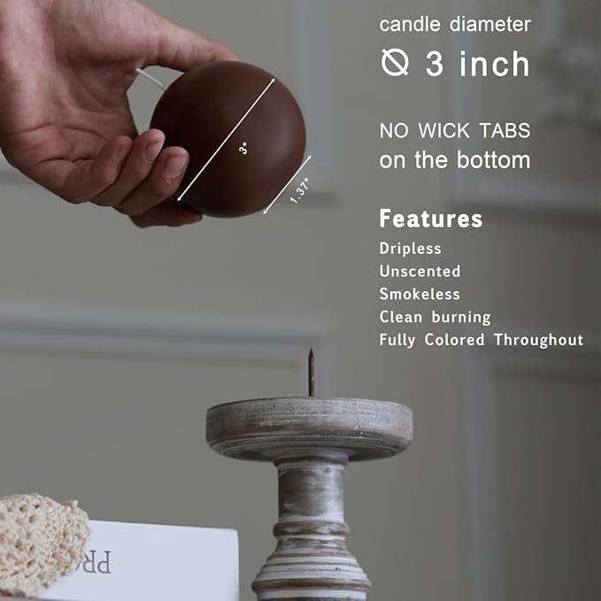 MOZEAL Hand-Poured, 3 Inch Brown Round Ball Candles - Elegant Brown Round Pillar Candles Set of 3, Dripless, Unscented, Smokeless, Ideal for Autumn Gatherings.