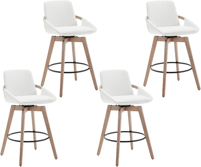 EALSON Swivel Counter Height Bar Stools Set of 4 Mid Century Modern Natural Wood Barstools with Back and Arms Comfortable Upholstered Counter Stools Linen Bar Chairs for Kitchen Island, Beige