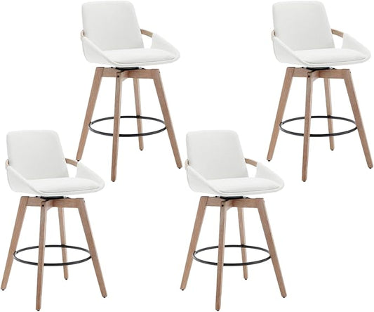 EALSON Swivel Counter Height Bar Stools Set of 4 Mid Century Modern Natural Wood Barstools with Back and Arms Comfortable Upholstered Counter Stools Linen Bar Chairs for Kitchen Island, Beige