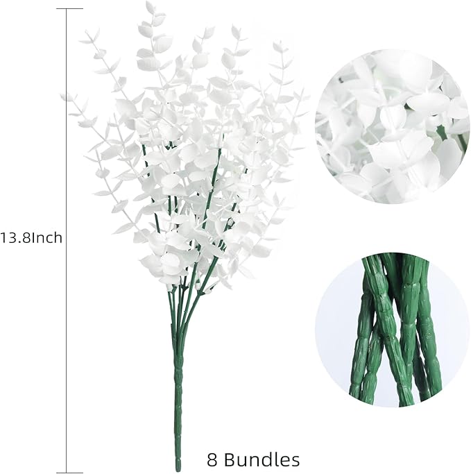 Artificial Fake Outdoor Plants Flowers for Spring Decoration, Faux Plastic Plants Outdoor Flowers UV Resistant Realistic for Home Outside Planter Window Porch Patio Garden(Pure White Eucalyptus)