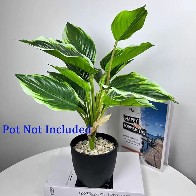 4 Bushes Perennial Hosta Artificial Variegated Green Leave Plant 15.7" Faux Dieffenbachia Tropical Plant Outdoor Shrubs Indoor Yard Decor