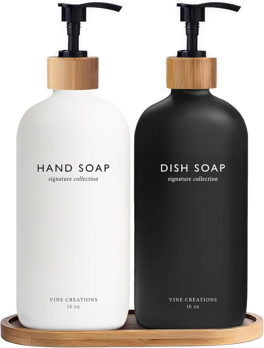 Vine Creations Glass Soap Dispenser Set, Hand Soap and Dish Soap Dispenser Set with Bamboo Tray, 16 oz Glass Dispensers Bottle for Kitchen and Bathroom Decor Modern Boho with Bamboo Pump (Black/White)