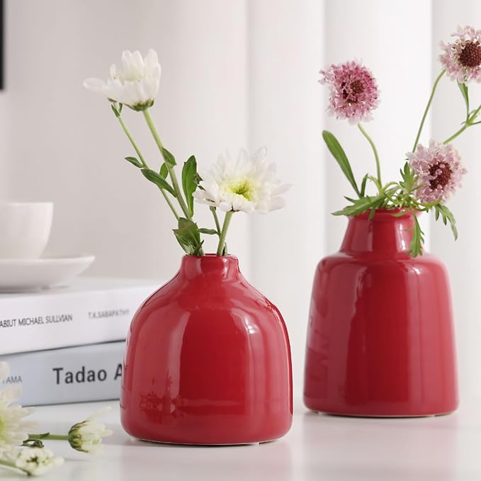 Red Small Vase Set of 3 for Modern Home Decor,Ceramic Vases for Centerpieces Flower Vases for Living Room Wedding/Dinner Table/Party -Red