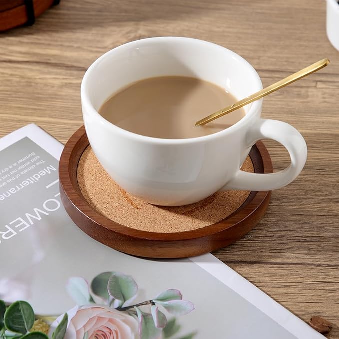 Wood Cork Coasters for Drinks Absorbent with Holder, Large Wooden Coaster for Coffee Table, Cork Coaster for Wooden Table Decor New Home Gifts Mom's Day - Rustic 4.72Inch