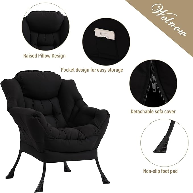 Welnow Lazy Chair with Ottoman, Modern Lounge Accent Chair with Armrests and a Side Pocket, Leisure Sofa Armchair Set, Reading Armchair with Footrest for Small Space, Black