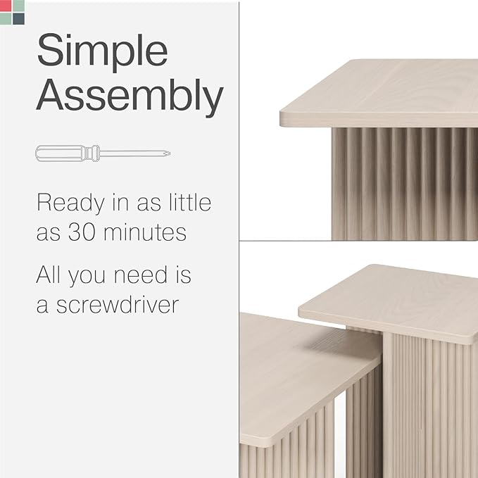 Square Fluted Nesting Coffee Table Set - Weathered White Square Top & Fluted Oak Base - Wood Grain Veneer Top, Stable on Uneven Floors & Easy Assembly - Living Room Table Set