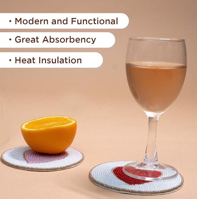 Folkulture Beaded Coasters for Drinks | Set of 4 (4") Round Decorative Bar Coasters for Table Décorations | Modern Coaster for Coffee Table for Her or Housewarming Gift