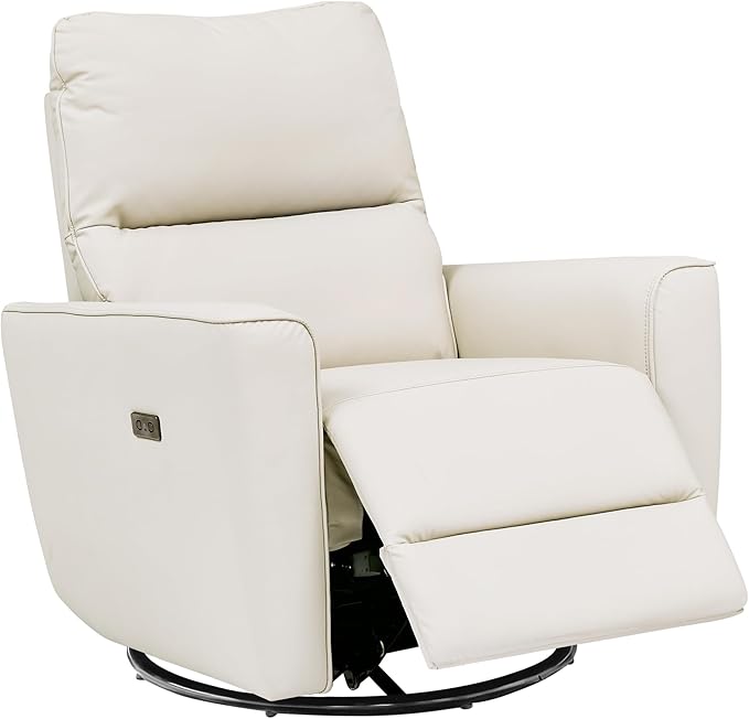 GarveeHome Recliner Chair, 360° Swivel Rocker Glider Nursery Chair with Padded Armrest and Deep Seat, PU Leather Upholstered Reclining Sofa Chair for Living Room, Bedroom and Nursery (Light White)