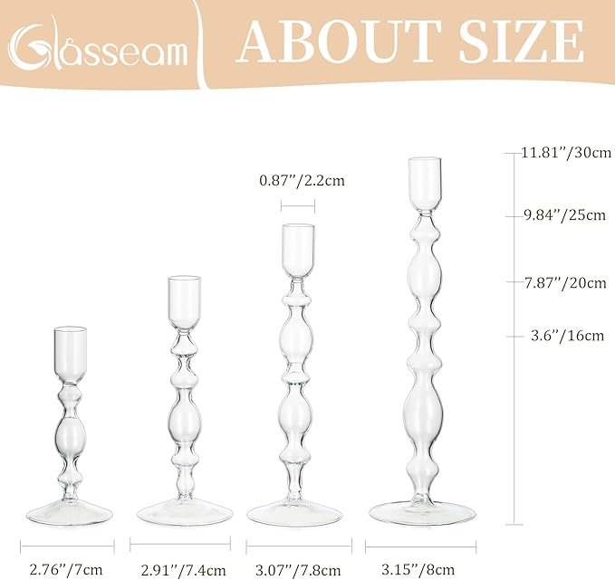 Glasseam Glass Candle Holders for Candlesticks: 4 Pcs Clear Taper Candle Holders Modern Tall Candle Stick Holder for Table Centerpiece Party Dining Room Home Decor Wedding