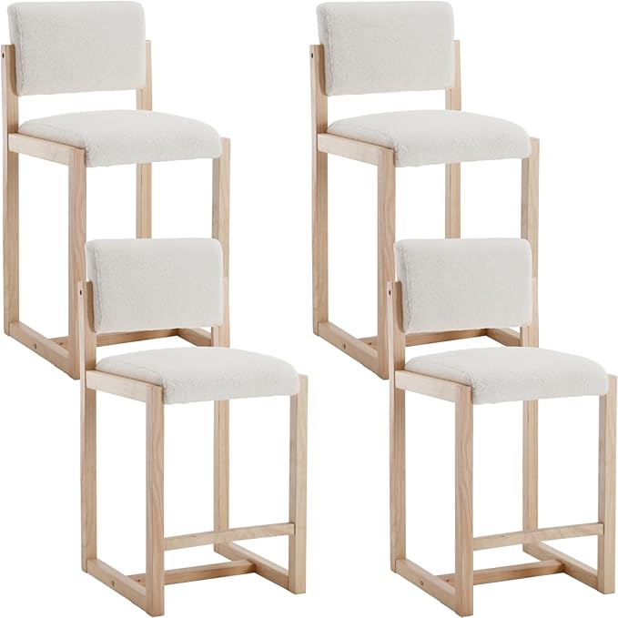 Mid-Century Bar Stools Set of 4, 26 Inch Modern Counter stools Sherpa Fabric Bar Chairs with Backrest Wooden Frame for Kitchen Island Dining Room, White