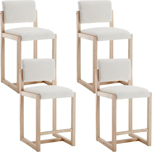 Mid-Century Bar Stools Set of 4, 26 Inch Modern Counter stools Sherpa Fabric Bar Chairs with Backrest Wooden Frame for Kitchen Island Dining Room, White