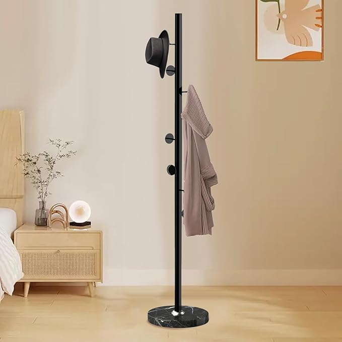 Metal Coat Rack Freestanding, Sturdy Coat Rack Stand with Natural Marble Base, Coat Racks Tree Hats Hanger Holder Stand for Entryway, Hallway, Bedroom(8 Hooks)