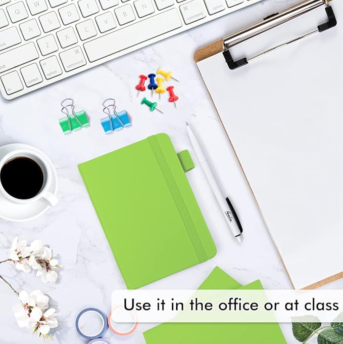 feela 15 Pack Pocket Small Notebooks Bulk, Mini Cute Memo Notepads Hardcover College Ruled Lined Journals with Pen Holder for Women Girls Office School, with 15 Black Pens, 3.5”x 5.5”, A6, Green