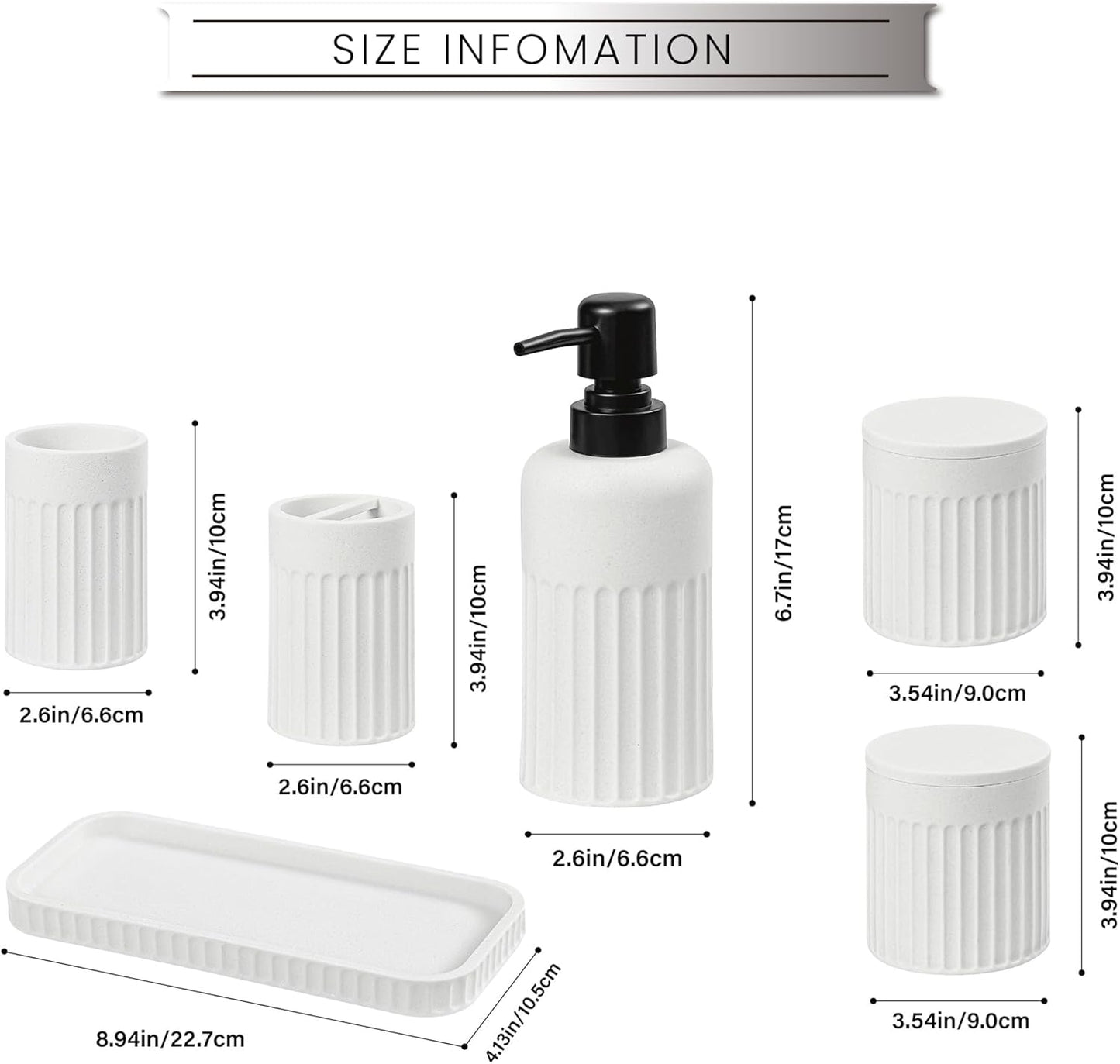 Bathroom Accessory Set - 6 Pieces Bathroom Accessories Set Complete with Soap Dispenser, Toothbrush Holder, Tumbler, Vanity Tray and 2 Qtip Holder for Home Organizer and Decor, White