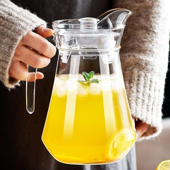 7-Pcs/Set Glass Pitcher with 6 Glasses Tumbler Cups Lid Water Carafe Jug with Spout Handle for Hot/Cold Water Tea Beverage