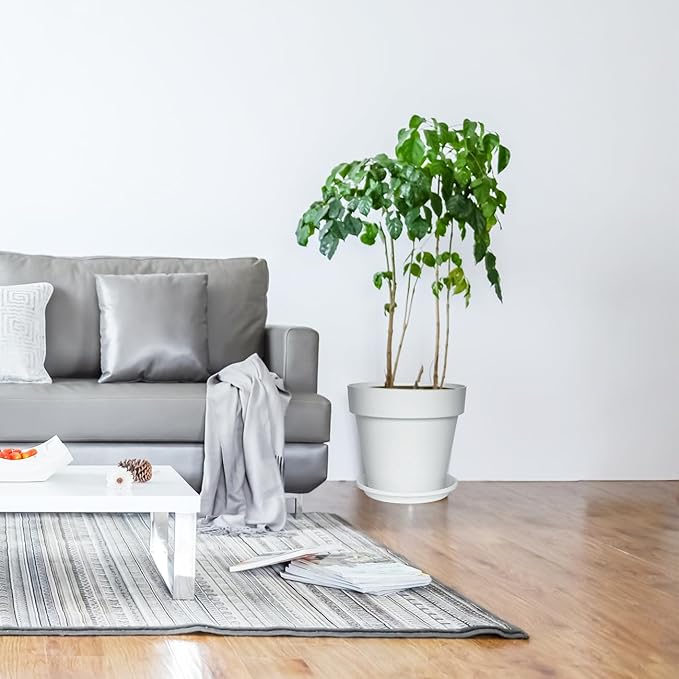 3-Pack 8/9/10 Inch Plastic Plant Pots with Saucers – Durable BPA-Free Planters with 21 Drainage Holes, Raised Bottom Breath and Bottom Watering Design for Indoor & Outdoor – White