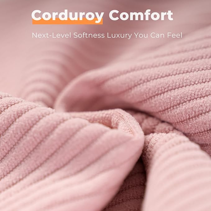 Queen Size Bed Frame with 51" Tall Corduroy Wingback Headboard and Storage Shelf, Upholstered Platform Bed with LED Lights & Charging Station, No Box Spring Needed, Easy Assembly, Pink