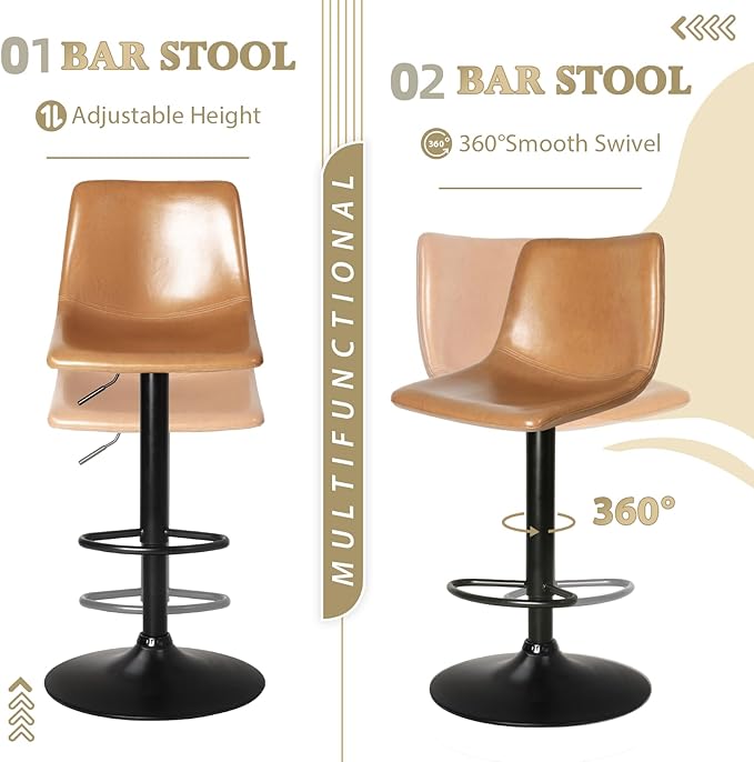 LEMBERI Bar Stools Set of 2, Modern Swivel Barstools Counter Height with Backrest, Faux Leather Upholstered Bar Chairs for Kitchen Island, Whisky