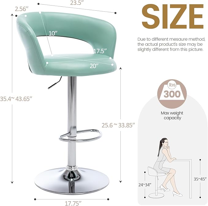 Brage Living Wide Bar Stool, Modern PU Leather Swivel Adjustable Barstool with Hollow Back and Arms, Upholstered Airlift Counter Height Bar Chair for Kitchen Dining (Mint Green)