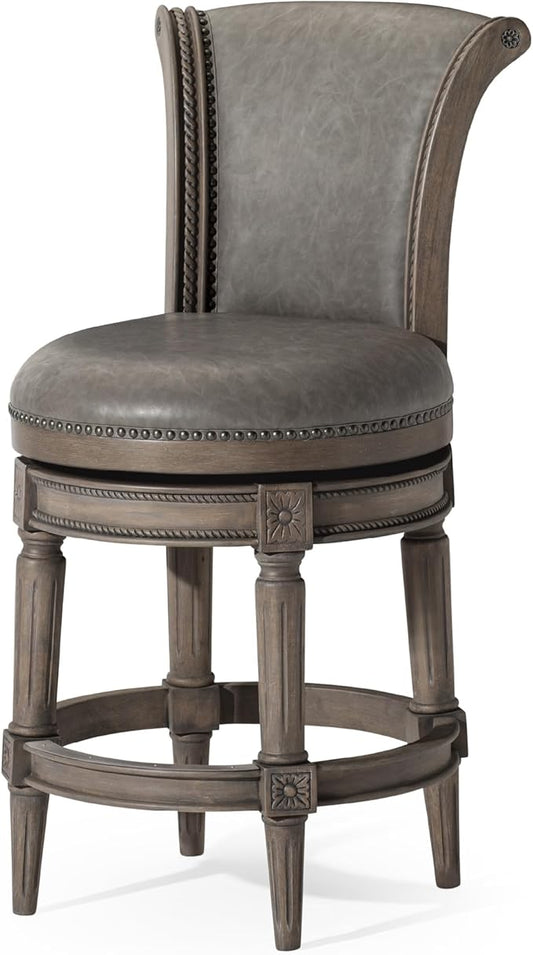 Maven Lane Pullman Counter Stool 26 Inches – Swivel Stool with Footrest – Grey Solid Wood Frame & Grey Faux Leather Upholstery – Perfect for Kitchen Islands & Counters