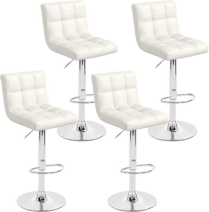 Modern Counter Height Bar Stools Set of 4, Armless Adjustable Swivel Square Bar Chairs Kitchen Barstools with PU Leather and Large Base for Dining Room/Island(White)