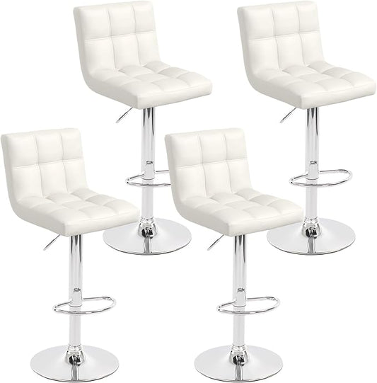 Modern Counter Height Bar Stools Set of 4, Armless Adjustable Swivel Square Bar Chairs Kitchen Barstools with PU Leather and Large Base for Dining Room/Island(White)