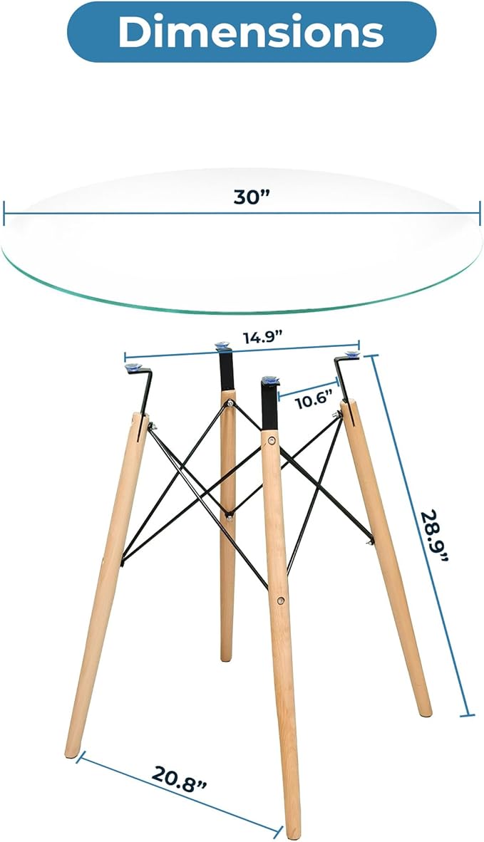 Fab Glass and Mirror Wood Table Bases with Round Glass Dining Table Top 30 Inches- Flat 1/2 Thick, Elegant Dining Table Round, Perfect for Glass Kitchen Table Design and Versatile Decor